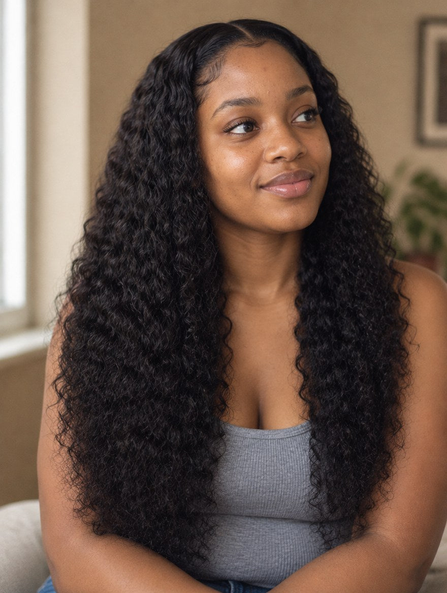 Super Double Drawn Natural Black Water Wave 13x4 Lace Frontal Wig 20" worn by a model