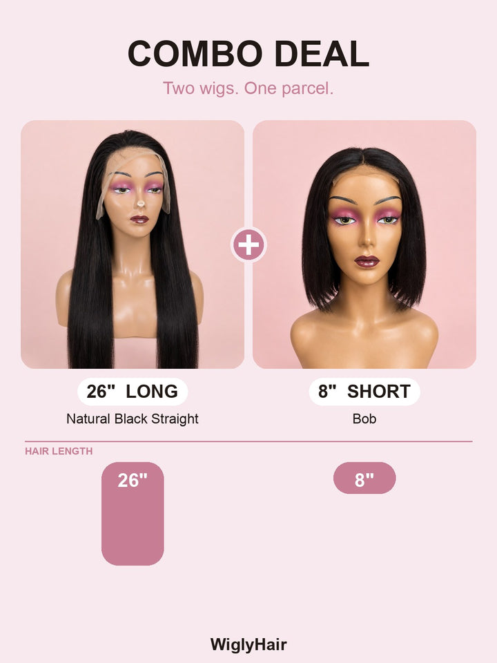 Combo: 26" Natural Black Straight + 8" Bob