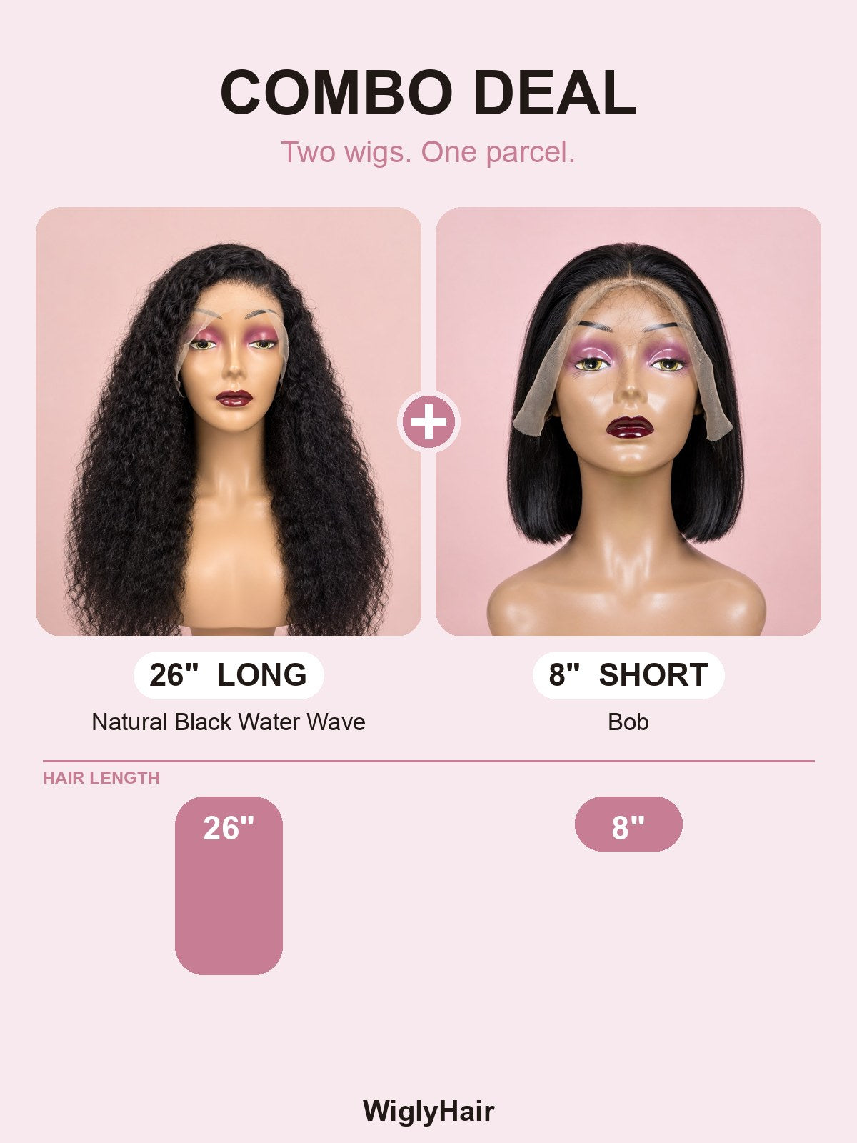 Combo: 26" Natural Black Water Wave + 8" Bob