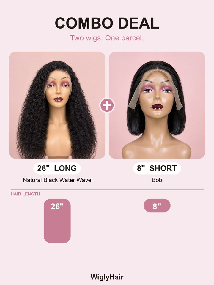 Combo: 26" Natural Black Water Wave + 8" Bob